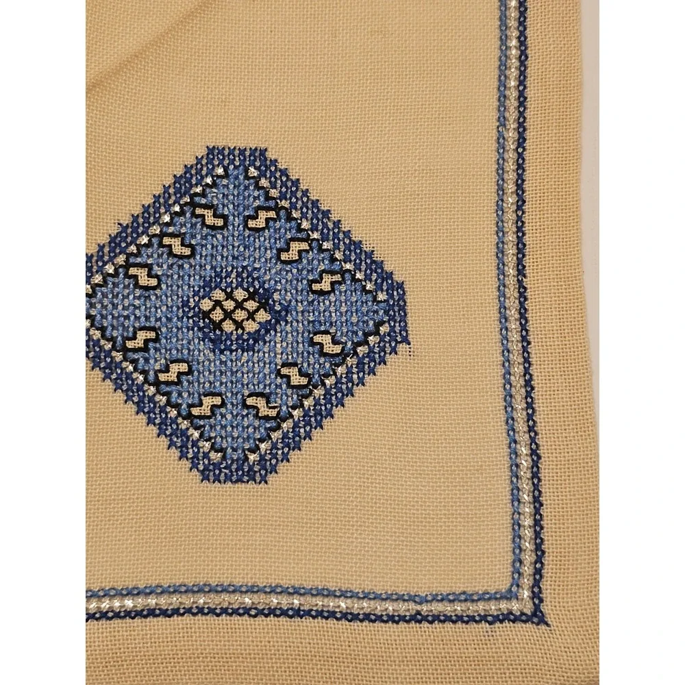 Vintage Handmade Cross Stitch Cocktail Napkins Set of 4 Tan Blue Geometric MCM